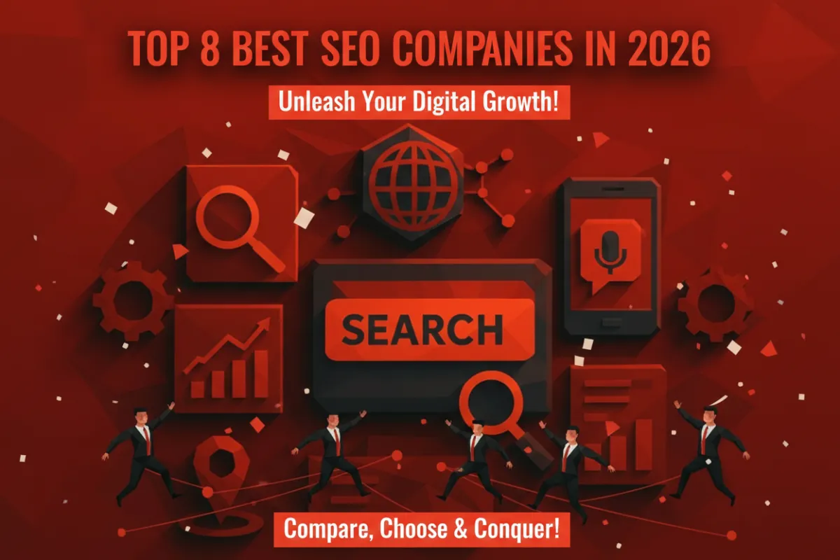 Red cover graphic reading “Top 8 Best SEO Companies in 2026” with “Unleash Your Digital Growth,” search and analytics icons, and “Compare, Choose & Conquer!