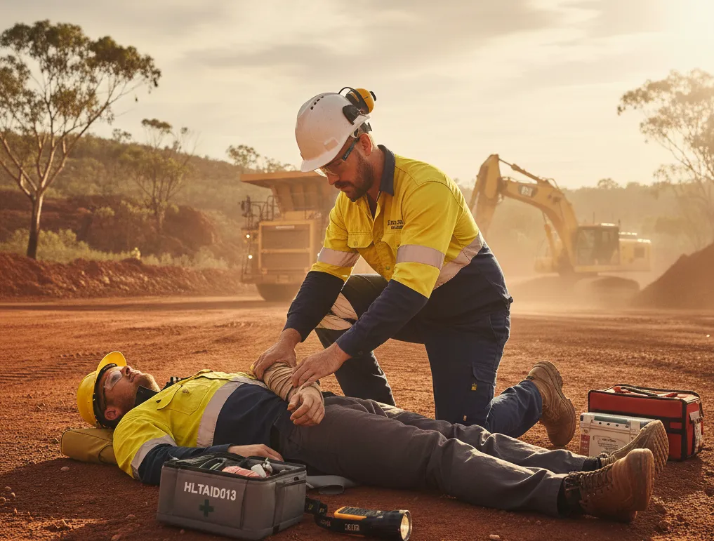 A mining professional in high-vis gear practicing trauma first aid on a remote site in the Australian outback.