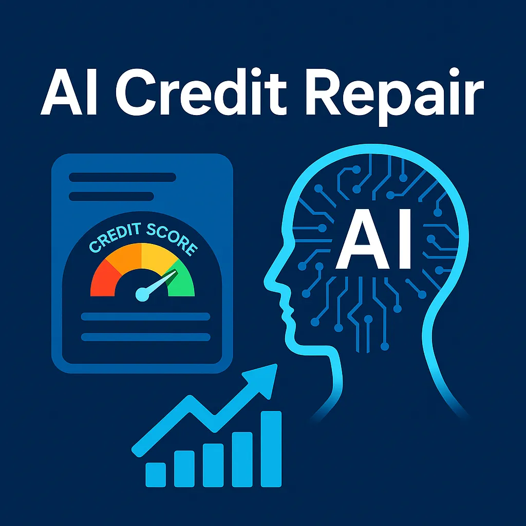Illustration showing AI technology improving credit score with digital tools and upward growth chart