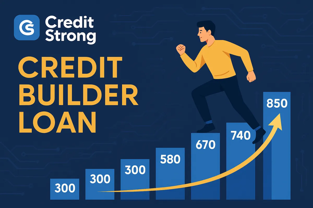 Illustration of a person climbing upward bars shaped like credit score ranges, symbolizing financial growth and how Credit Strong credit-builder loans help improve credit scores