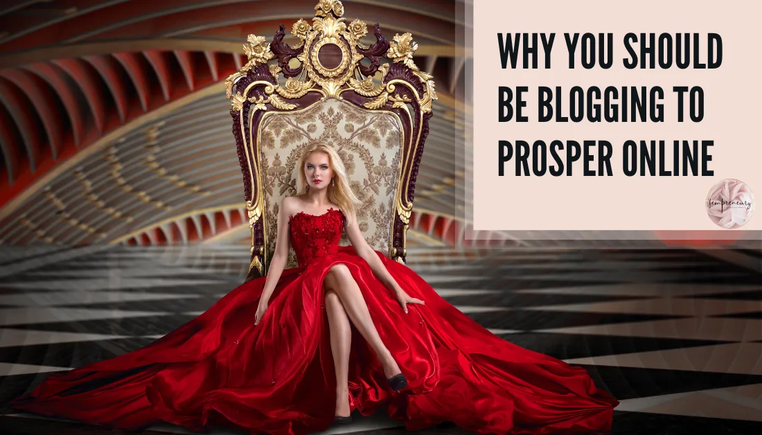 Why you should be blogging to prosper online – confident woman in a red gown seated on an ornate throne, representing authority, visibility, and online business growth.