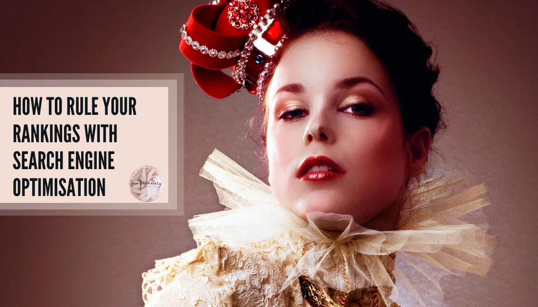 Confident woman styled as a modern queen, representing empowered feminine leadership and SEO visibility for online businesses