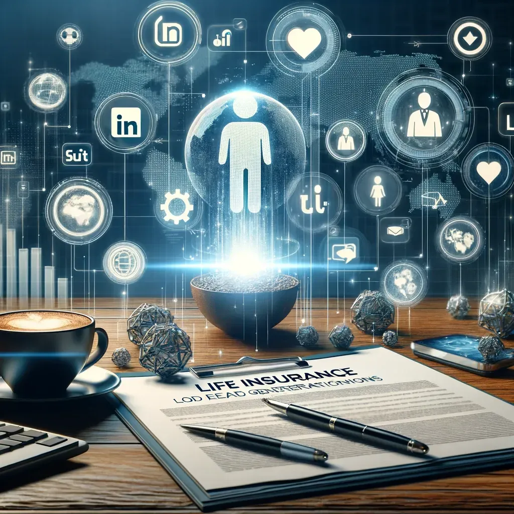 A professional and engaging image that encapsulates the concept of leveraging social media for life insurance lead generation. The image should depict a modern, digital marketing environment with elements like social media icons (Facebook, LinkedIn, Instagram), a life insurance policy, and graphical representations of lead generation (like graphs or charts). The setting should convey a sense of innovation and trustworthiness, reflecting the professional nature of life insurance services. The design should be sleek, with a harmonious blend of technology and personal touch, illustrating the bridge between social media engagement and securing life insurance leads.