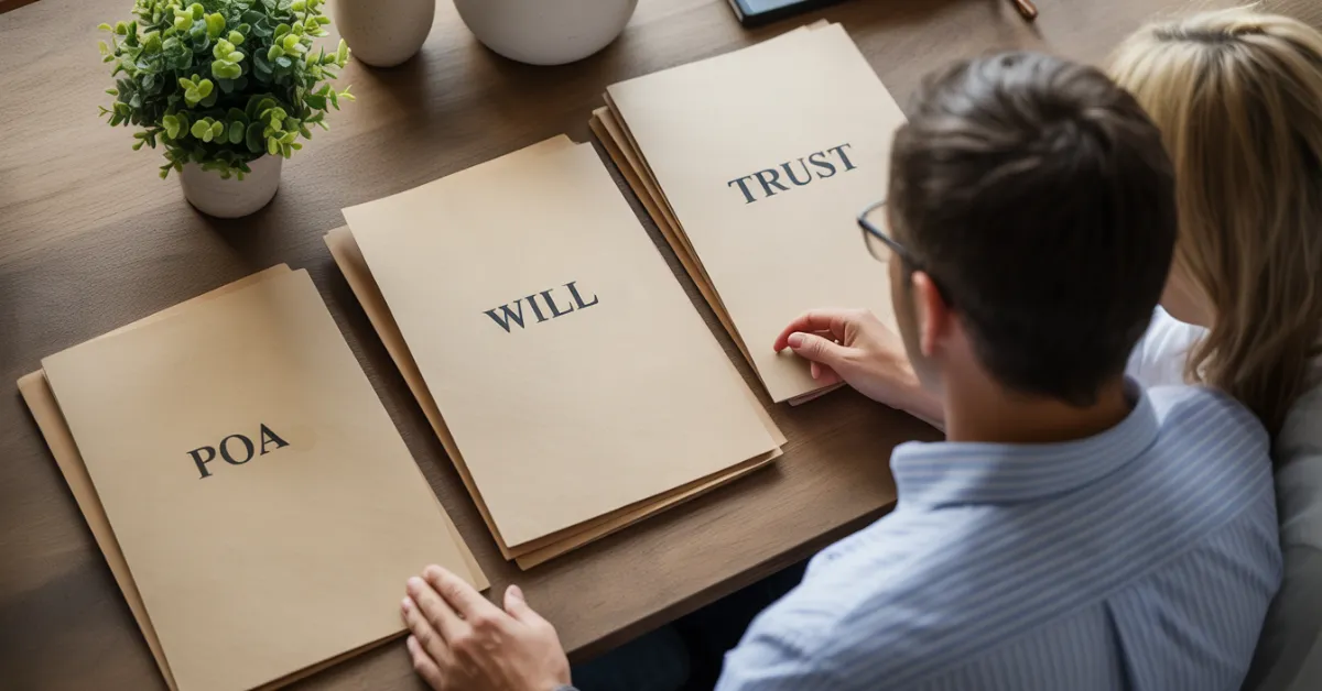 Legal folders for power of attorney, will, and trust.