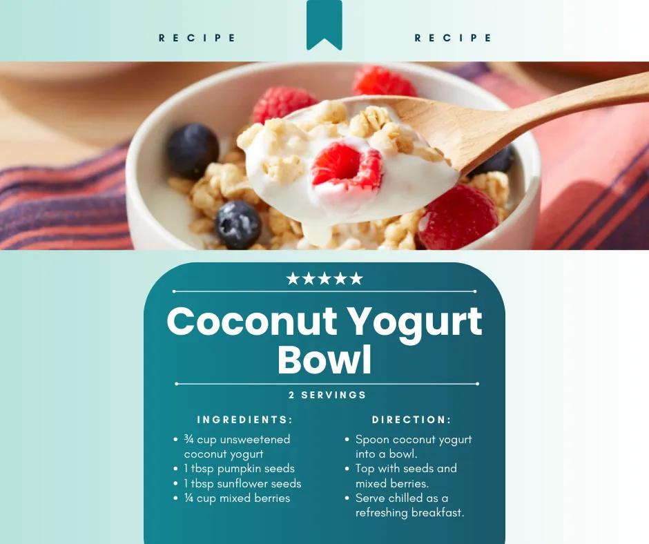 Coconut Yogurt Bowl with mixed berries, seeds, and yogurt for a refreshing breakfast.