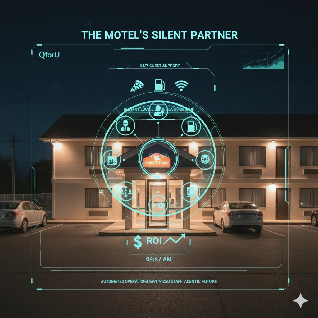 A well-lit roadside motel at night with a clean, digital interface overlay, representing 24/7 guest support and ROI for limited-service properties.