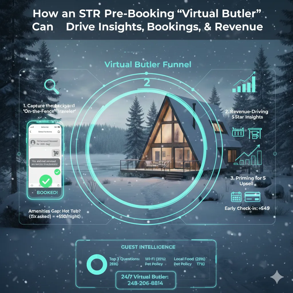 Infographic of an STR Virtual Butler funnel showing guest intelligence insights, instant bookings, and revenue growth.