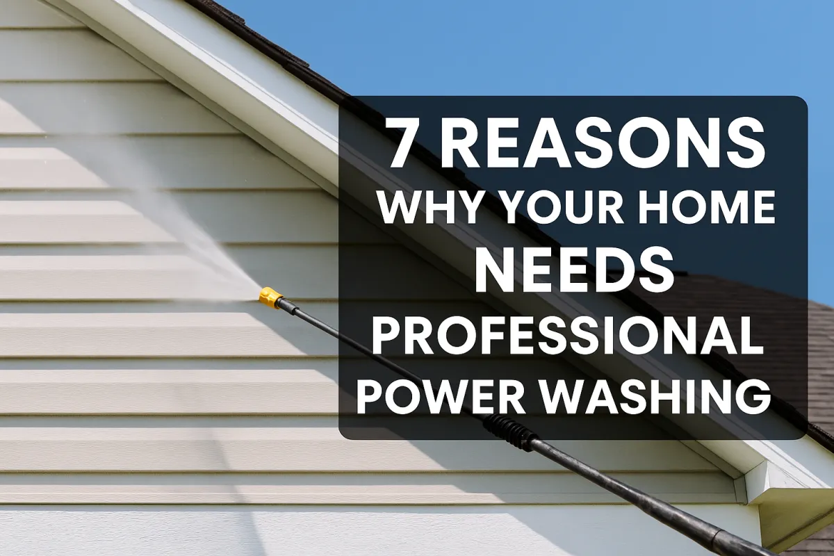 Professional power washing a Florida home’s siding with high-pressure spray – blog cover image for Handy Contractors 365 article on 7 reasons your home needs power washing.