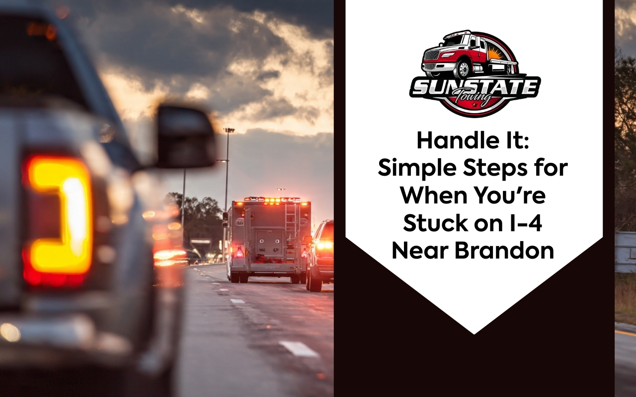 Driver using hazard lights and following what to do after a breakdown on I-4 near Brandon to stay visible and safe.