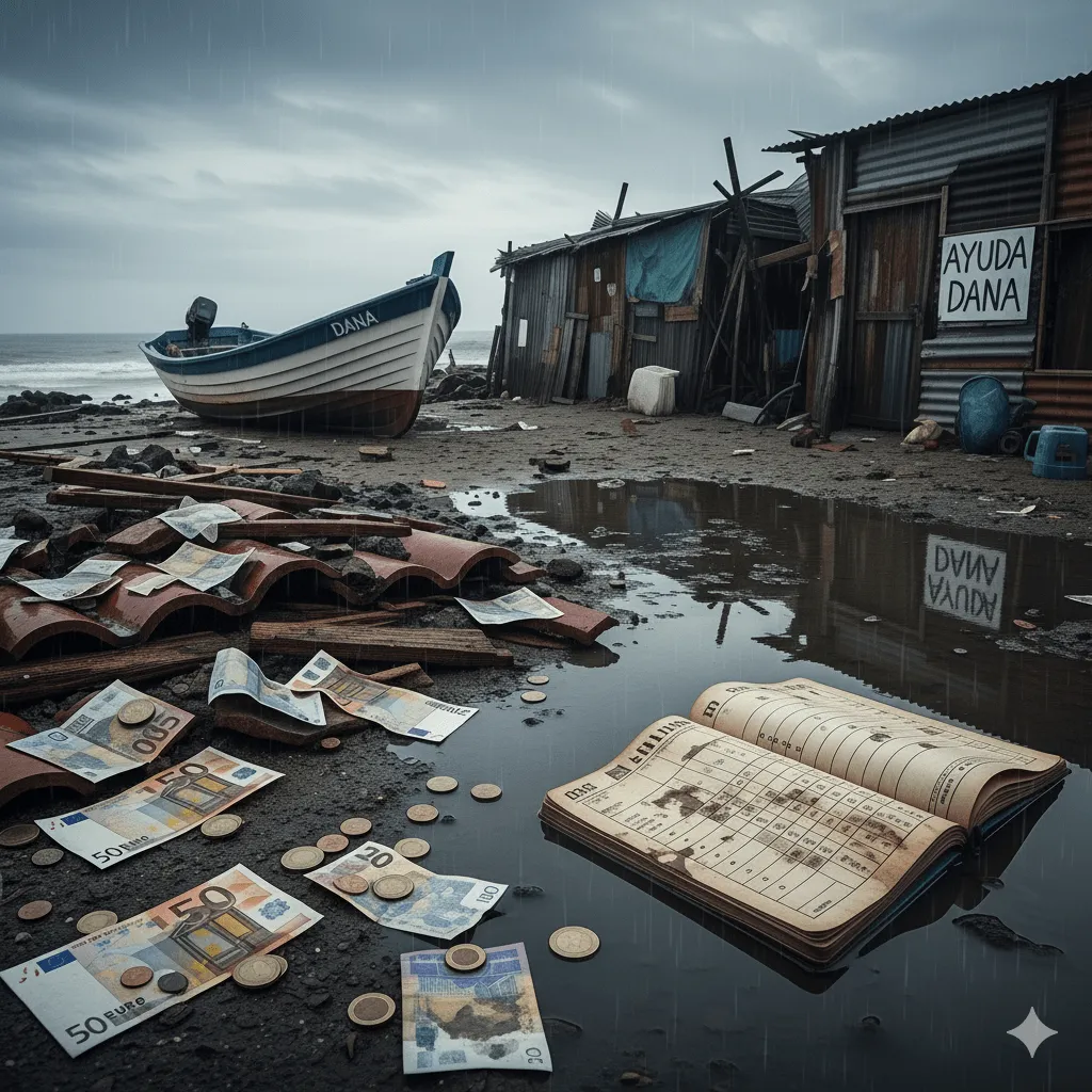 Paisaje desolado después de una DANA con una barca varada, casas dañadas, billetes de euro y monedas esparcidos en el barro y agua, simbolizando las pérdidas económicas y las indemnizaciones del Consorcio de Compensación de Seguros en España. La imagen incluye un libro de contabilidad flotando y un letrero que dice 'AYUDA DANA' en una de las construcciones.