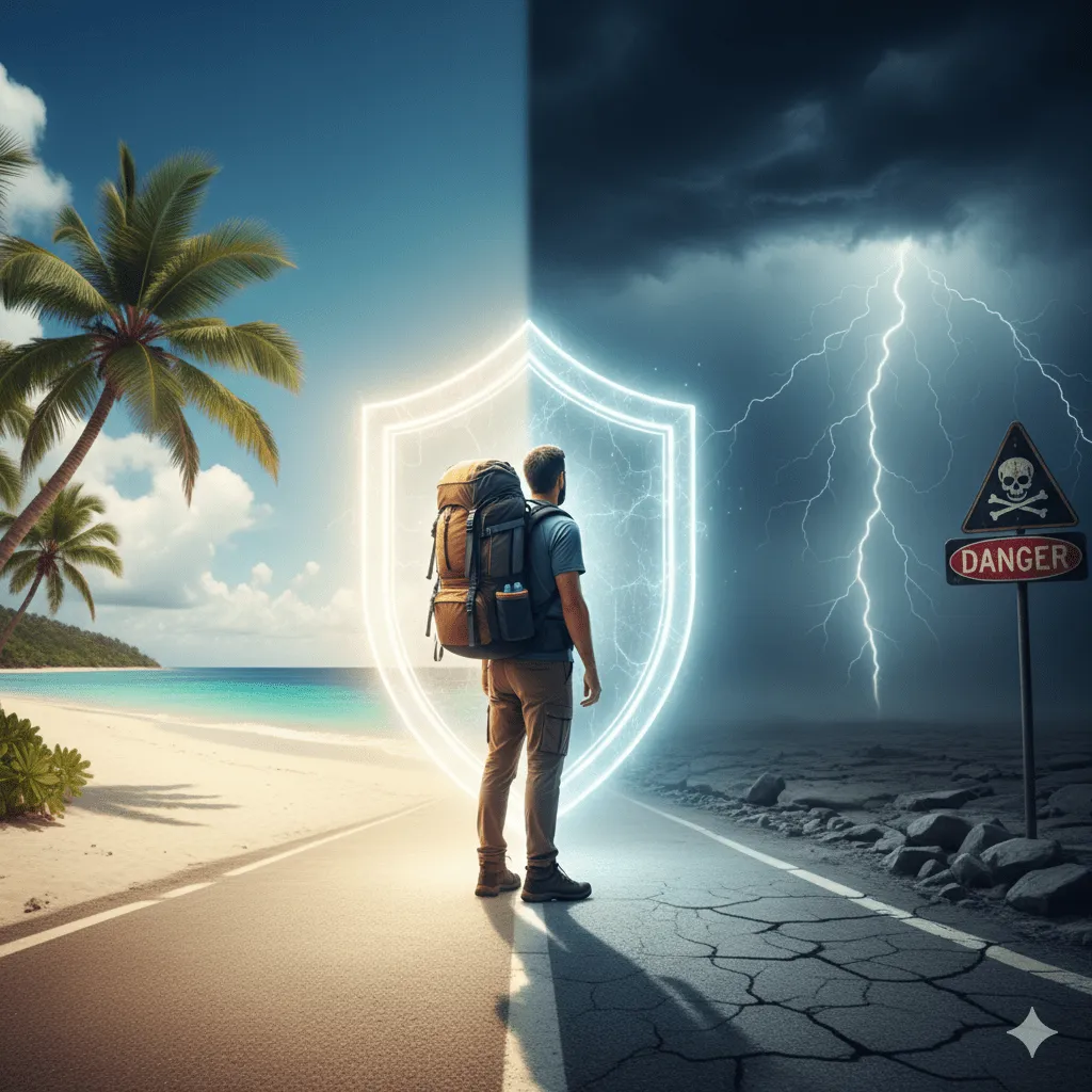 Un viajero con mochila en una encrucijada, simbolizando la decisión de viajar. Un camino es soleado y seguro, mientras que el otro es oscuro con una tormenta. Un escudo brillante rodea al viajero, representando la protección de un seguro de viaje con cancelación.
