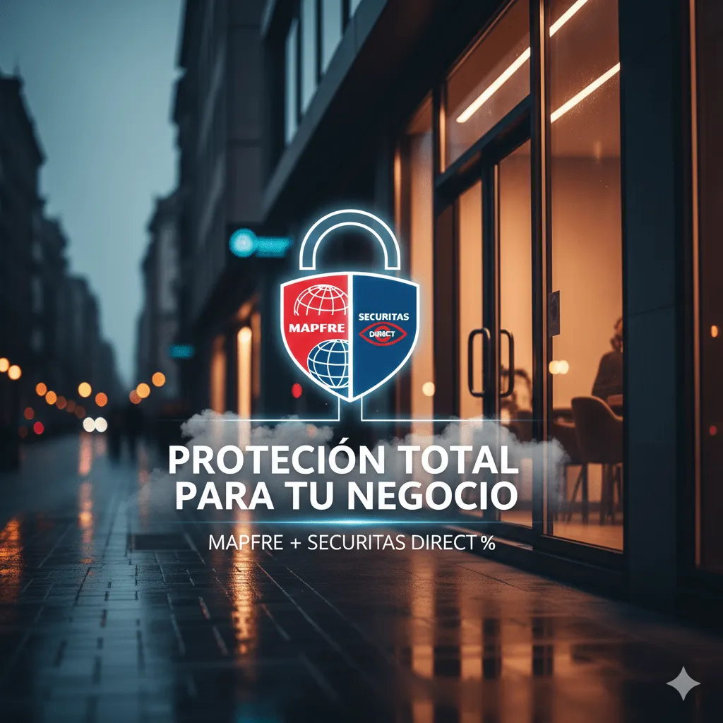 UUna tienda moderna al anochecer con un escaparate que muestra un escudo brillante de neón rojo y azul, fusionando los logos de MAPFRE y SECURITAS DIRECT con un candado central. El texto "PROTECCIÓN TOTAL PARA TU NEGOCIO" y "MAPFRE + SECURITAS DIRECT %" se refleja en el suelo mojado.