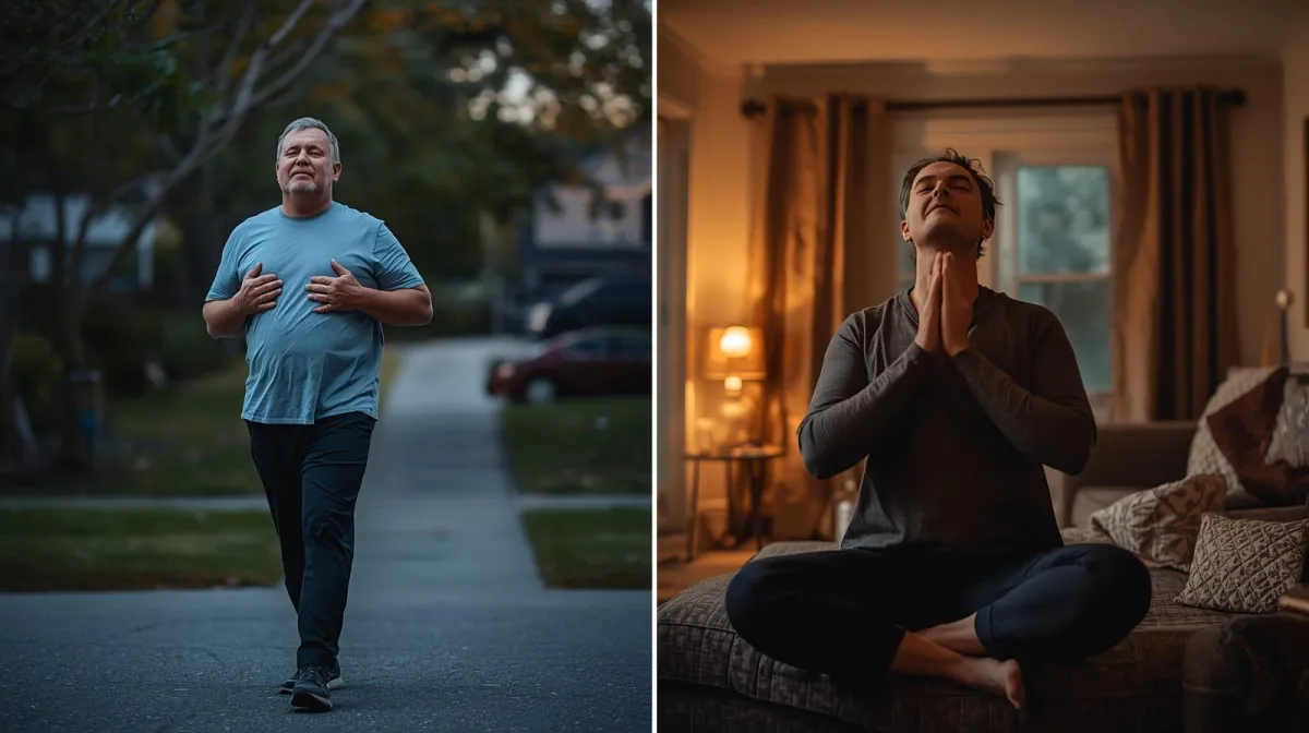 Person taking a relaxed evening walk, then doing simple body-weight exercises at home, followed by deep breathing before bed.
