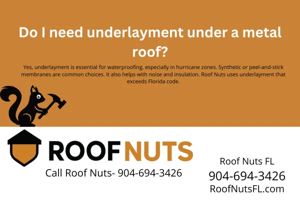 Yes, underlayment is required under metal roofing in Florida—especially in hurricane-prone areas. Learn why underlayment matters and what Roof Nuts uses to exceed code.