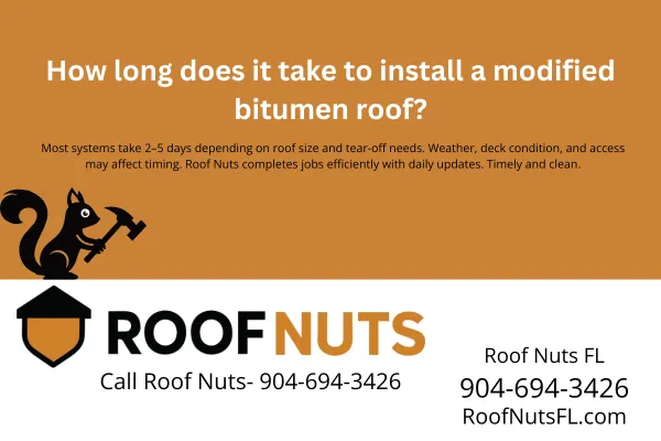 Most modified bitumen roof installations take 2–5 days in Florida. Learn what affects the timeline and how Roof Nuts ensures fast, clean, and professional results for your home.