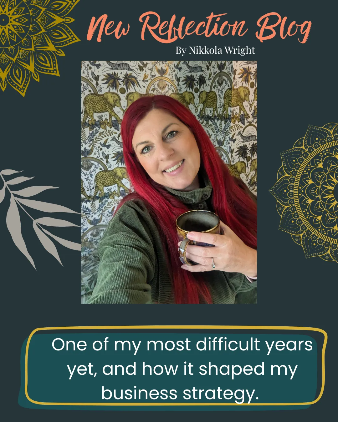 Woman with red hair, holding tea cup, dressed in green and smiling