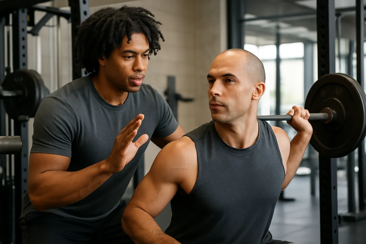 Professional strength and conditioning coach guiding a client during training
