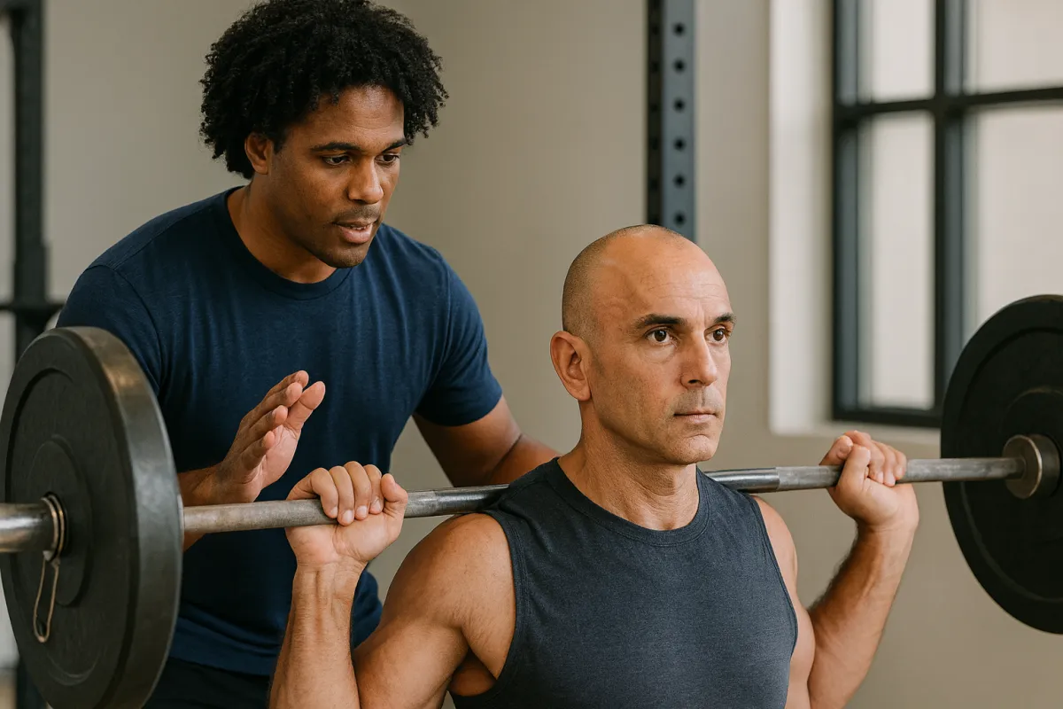 Professional strength coach demonstrating correct strength training technique while guiding a client in a gym environment