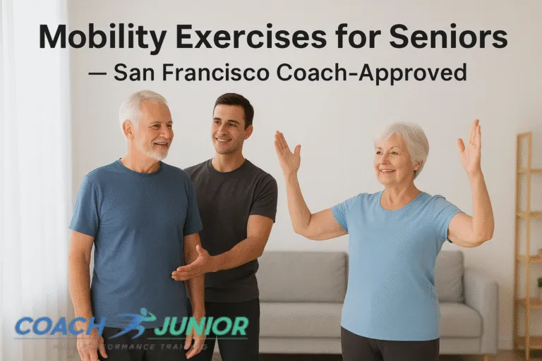 Senior performing gentle mobility exercises with a personal trainer to improve flexibility and balance in San Francisco