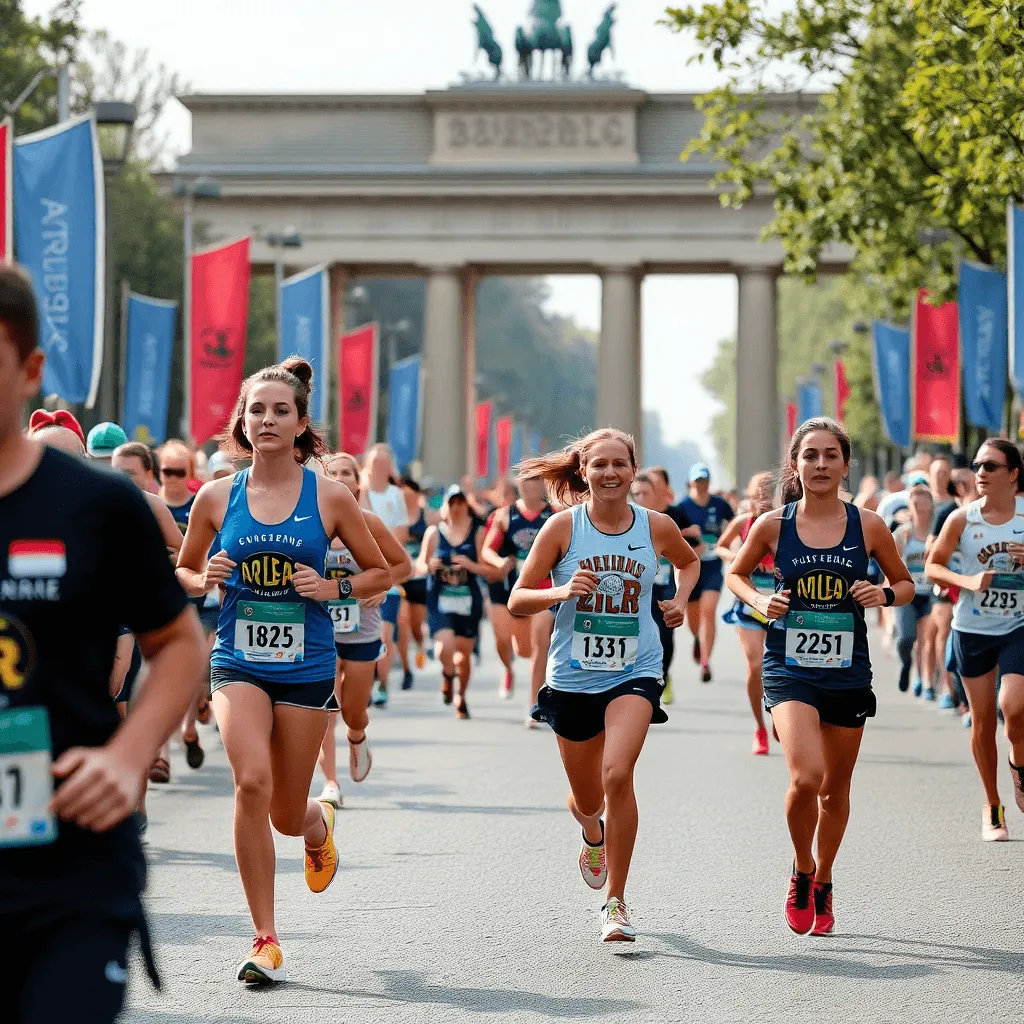 Runners participating in the Berlin Marathon on a flat city course during an international marathon event