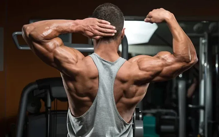 Man showing back muscles after strength training, representing muscle growth progress over time