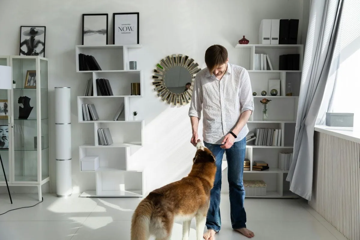 Pet owner giving positive reinforcement to his dog