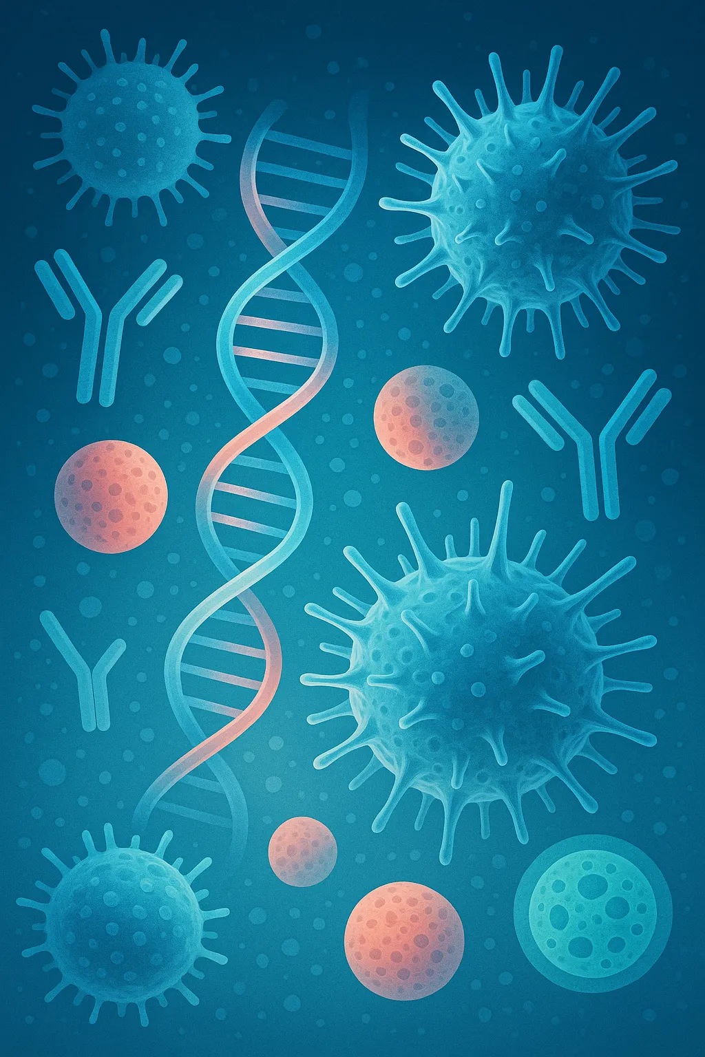 Digital illustration of human DNA strands and immune cells representing immune system education at a molecular level