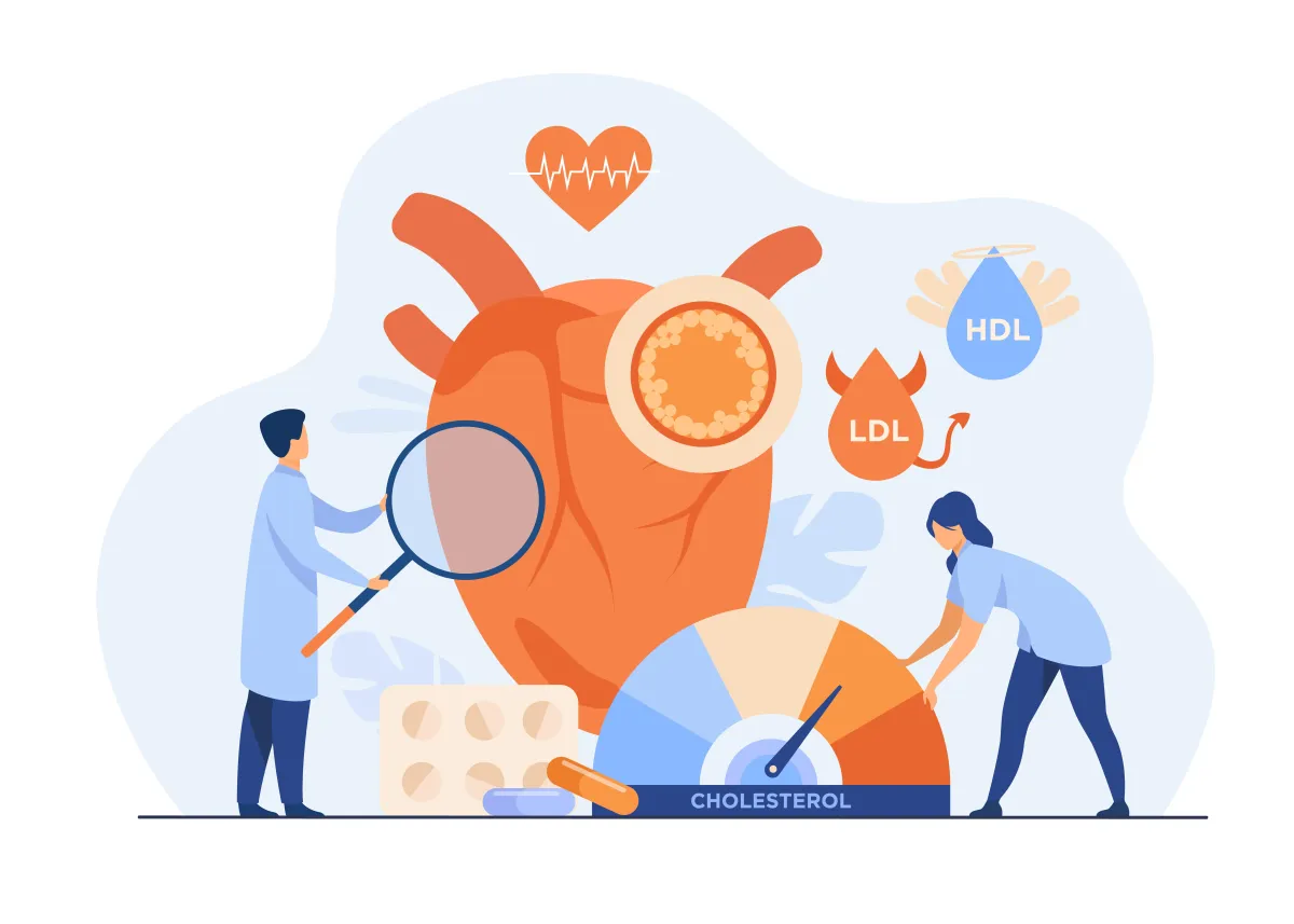 Ilustración de la evaluación del riesgo cardiovascular, mostrando el corazón, el colesterol y otros factores