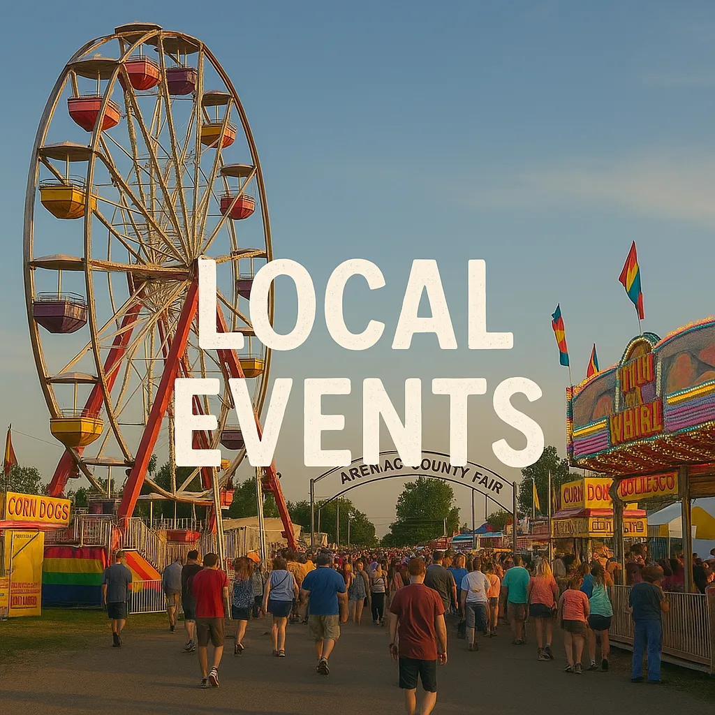 People walking through the Arenac County Fair at sunset with carnival rides and food stands near Standish Michigan