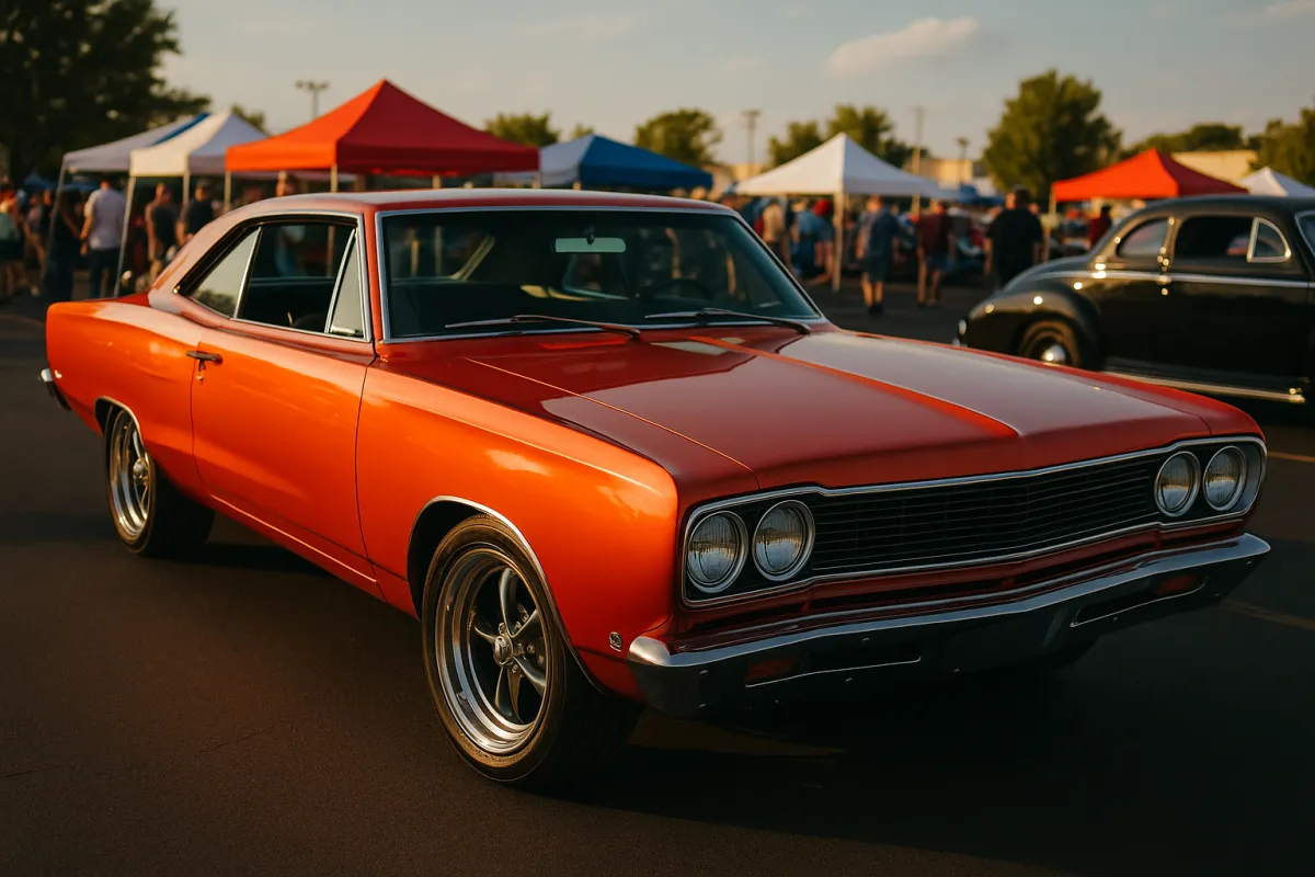 Classic orange muscle car on display at a local car show with event tents and spectators in the background near Au Gres, Michigan.