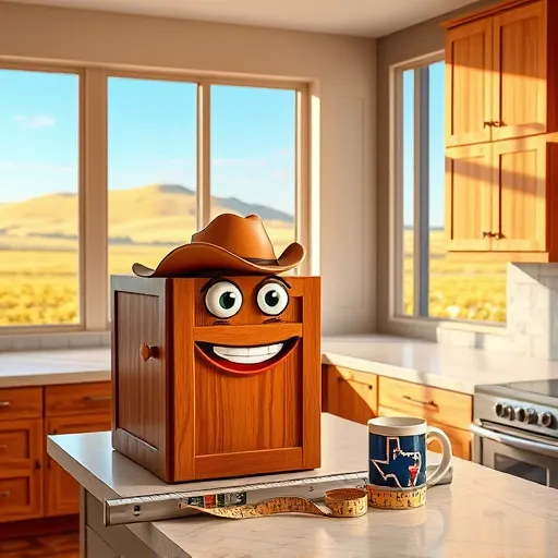 A photorealistic, cozy kitchen scene in Pampa, Texas, featuring freshly installed glossy honey-colored wooden cabinets with prominent grain patterns illuminated by natural light from large windows. The backdrop displays rolling golden fields, a distant hill, and a clear blue sky, emphasizing rural Texas charm. In the foreground, a cheerful anthropomorphic toolbox wearing a cowboy hat with expressive eyes and a big smile sits on the countertop, adding playful character. Nearby, a level and a partially assembled cabinet door highlight craftsmanship, while a vintage Texas star coffee mug hints at local pride. A mischievous, animated measuring tape curls around the countertop edge, adding whimsy. The warm earth-tone palette of browns, creams, and burnt orange contrasts with the cool blue sky, blending rustic warmth with professional, approachable craftsmanship in a lively, inviting setting that celebrates skilled cabinet installation with a fun, whimsical touch.
