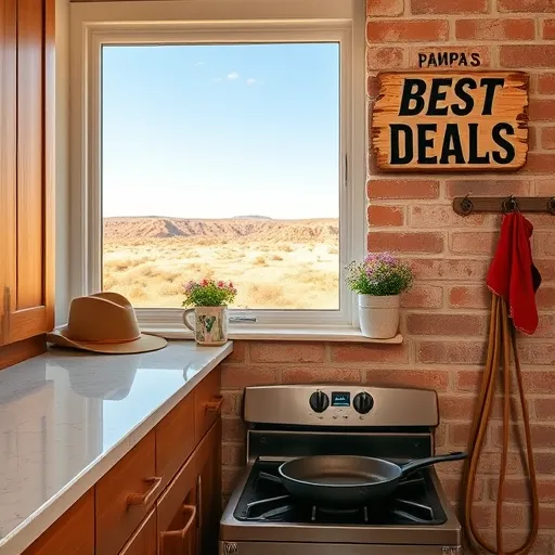A hyperrealistic depiction of budget-friendly kitchen cabinets in Pampa, Texas, featuring rustic wooden cabinets painted in warm terracotta, muted sage green, and creamy beige tones. The cabinets have visible wood grain textures and are topped with simple marble countertops reflecting soft natural light through a nearby window. The scene includes a vintage cowboy hat casually resting on a corner of the cabinets, a cheerful pot of wildflowers in a mismatched ceramic mug, and a red oven mitt hanging from a hook. A humble stove with a cast-iron skillet suggests homemade Texas comfort food. The background showcases a rustic, weathered brick wall with a hand-painted wooden sign reading “Pampa’s Best Deals,” cowboy boots, and a lasso leaning against the wall, adding local charm. Decorative details include colorful hanging kitchen towels and a ceramic jar filled with spice packets, creating a warm, practical, and inviting atmosphere that celebrates affordable, stylish cabinetry with authentic Texan character in a small Texas town.