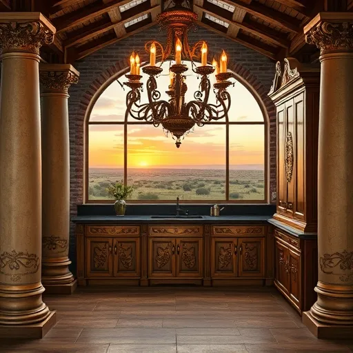 A luxurious Baroque-inspired modern kitchen scene set in Pampa, Texas, featuring ornate cabinetry with intricate carvings, gilded embellishments, and dramatic scrollwork in warm gold and deep brown tones. Flanked by tall columns with elaborate capitals, the backdrop includes weathered wooden beams and rustic brickwork, blending historic charm with sleek contemporary design. Playful details such as Texas-inspired motifs—tiny cowboy hats and regional symbols—are subtly carved into the cabinet panels. An antique chandelier with flickering candle-like bulbs hangs overhead, casting a warm, inviting glow. Large arched window reveals a scenic Pampa prairie sunset with fiery orange and purple skies. Soft, diffused natural light enhances the warm, cozy atmosphere, creating a harmonious blend of opulence, rustic regional charm, and playful personality in this richly detailed, stately kitchen setting.