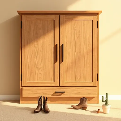 A minimalist rustic kitchen scene featuring weathered wooden cabinet doors with textured grain and natural imperfections, set against a warm, sunlit backdrop reminiscent of Happy, Texas. The image includes small decorative details such as tiny vintage cowboy boots and a quirky cactus in a ceramic pot, adding personality. The background displays a soft gradient of earth tones—warm beige blending into sandy hues—evoking late afternoon sunlight. Subtle whimsical elements like stylized birds or a faint smiling sun outline enhance the scene's charm. The overall design is clean and uncluttered, with a palette of warm browns, creams, and muted greens, capturing the cozy, handcrafted feel of small-town Texas in a modern, minimalist style.