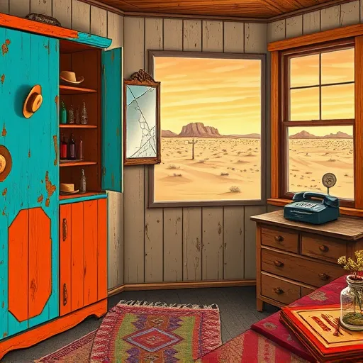 An ArtBrut-style depiction of a Pampa, Texas hotel room’s wooden cabinetry featuring bold, raw lines and vibrant, contrasting colors. The weathered turquoise and burnt orange cabinets are overflowing with mismatched southwestern items like tiny cowboy hats, vintage soda bottles, and colorful woven textiles, adding quirky charm. A crooked mirror with cracked glass hangs above, reflecting a wide-open desert sky through a large window, revealing sandy dunes and distant mesas at sunset. The cozy scene includes patterned rugs, a weathered wooden nightstand with a retro rotary phone, and a jar of dried cactus blossoms, evoking a nostalgic, inviting atmosphere. The artwork captures the rustic authenticity and whimsical spirit of small-town Americana, with vibrant reds, yellows, and earthy browns set against a warm sunset background, emphasizing expressive lines and a playful, resilient mood.