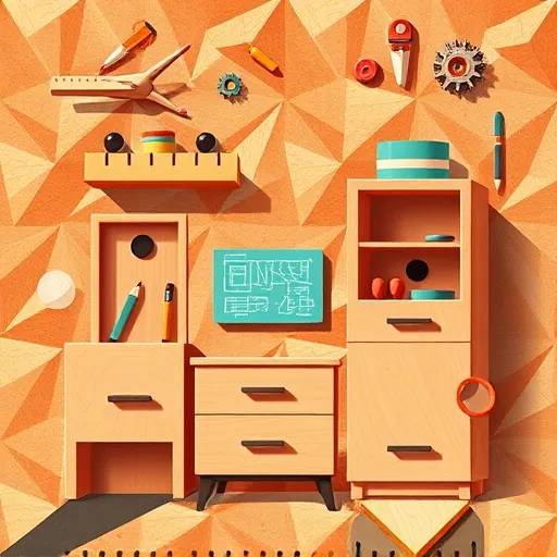 A vibrant, layered geometric abstraction illustration showcasing the art of drawing cabinet sketches for unique furniture designs. The composition features angular shapes forming stylized cabinet outlines, drawers, and handles, accented with bold lines and exaggerated proportions. Floating abstract tools such as rulers, pencils, and sketch pads composed of polygons surround the scene, adding a playful, cartoonish charm. The background consists of tessellated triangles and rectangles in earthy browns, muted reds, and calming teal, creating a workshop or creative studio atmosphere. Subtle details like tiny gears and miniature blueprint snippets enhance the sense of inventive craftsmanship. The overall mood is inspiring and approachable, combining geometric harmony with lively accents to evoke creativity and artistic woodworking concepts, presented in a crisp, abstract style ideal for a blog cover.