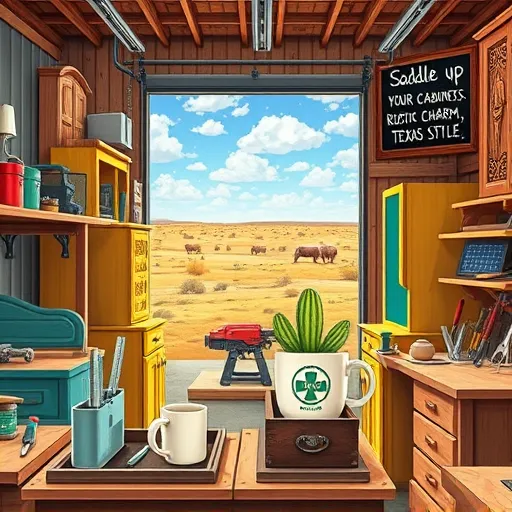 A vibrant digital illustration depicting a lively workshop scene at a local cabinet shop in Borger, Texas. The image showcases various wooden cabinets in different stages of construction and finishing, including freshly painted units in bold turquoise, mustard yellow, and rustic brown, as well as cabinets with intricate carvings and vintage hardware. The workshop is filled with tools such as saws, chisels, and clamps neatly arranged on workbenches. Playful details include a coffee mug with a cowboy hat design, a tiny cactus growing in a toolbox, and a comic-style chalkboard listing humorous slogans like "Saddle up your cabinets" and "Rustic charm, Texas style." Large open garage doors reveal a clear blue Texas sky with puffy clouds and distant prairies dotted with wildflowers and grazing cattle, emphasizing Borger’s rural charm. Warm, earthy tones combined with bright colors create a welcoming atmosphere that celebrates craftsmanship and community pride. The sleek digital art style features realistic wood grain and metal textures with slightly exaggerated proportions for a fun, engaging look. Subtle details like a vintage rodeo poster and a small solar-powered lamp add quirky Texas flair, making this a cheerful, professional blog cover image capturing the spirit of local cabinet craftsmanship and Texas flavor.
