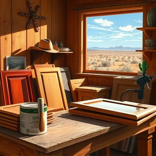 A realistic depiction of a cozy, rustic cabinet painting and staining workshop in Hereford, Texas. The scene features a wooden workbench cluttered with painted cabinet doors and drawers at various stages of finishing, showcasing vibrant stains and paints with glossy surfaces. A can of oil-based stain with a brush, a spray gun, and a partially painted cabinet highlight different finishing techniques. In the background, large sunlit windows reveal the Western Texas landscape of flat plains, distant mesas, and a deep blue sky with wispy clouds, creating a warm, industrious atmosphere. Playful details include a cowboy hat atop a paint can and a small, cartoon cactus figurine on a shelf, adding local charm. The earthy color palette of warm browns, deep ochres, and muted greens emphasizes a welcoming, professional environment focused on cabinet refinishing craftsmanship, capturing textures of wood grain, paintbrush bristles, and weathered surfaces in a highly realistic style.