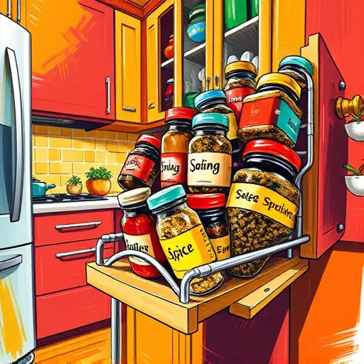 An energetic expressionist illustration of modern kitchen cabinetry featuring inventive pull-out spice racks seamlessly integrated into the design. The scene showcases exaggerated, swirling forms of brightly colored spice jars with expressive labels, spilling aromatic herbs and spices that appear to dance within the composition. Quirky, staircase-like and ladder-like spice rack structures add a playful, imaginative touch, while a whimsical, smiling anthropomorphic spice jar peeks out from behind the arrangement. The stylized kitchen background uses bold, contrasting hues—vivid reds, yellows, blues, and greens—with dramatic light and shadow to create depth and movement. Decorative details include a large, exaggerated spice scoop and lively, animated elements that evoke a cheerful, creative ambiance, highlighting efficient and innovative kitchen storage solutions in a vibrant, artistic style.