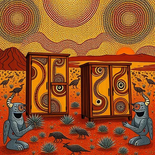 A detailed illustration of shaker cabinets for sale in Dumas, Texas, styled with Aboriginal art motifs. The cabinets feature flowing, organic shapes, dotted textures, swirls, and concentric circles inspired by Indigenous symbolism. The surrounding scene depicts a semi-arid Texas landscape with sparse vegetation, rolling mesas, and the distant Texas Panhandle horizon, rendered in warm ochres, sunset oranges, and deep browns reminiscent of Aboriginal pigments. Playful animal motifs such as armadillos, roadrunners, and longhorn cattle are woven into the background patterns, adding personality. The sky displays Aboriginal dot art patterns with layered concentric circles symbolizing the North Star and Dumas community. Overall, the image combines craftsmanship with vibrant Aboriginal design, evoking cultural richness, artisanal quality, and local pride in a balanced, visually engaging composition.