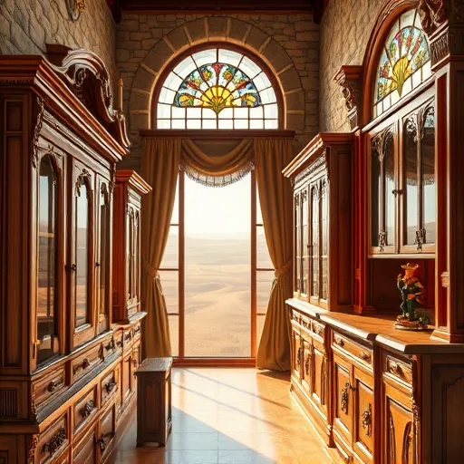 A richly detailed Renaissance-style mural depicting a high-quality cabinet showroom in Amarillo, Texas. The scene features an elegant, classical interior with ornate wooden cabinetry adorned with intricate carvings and gilded accents, arranged symmetrically along stone walls. Soft, warm sunlight filters through arched stained glass windows inspired by Western desert landscapes, illuminating polished surfaces and creating subtle Renaissance-style chiaroscuro reflections. Playful elements include a miniature cowboy figurine dressed in Renaissance attire seated atop a cabinet corner and a tiny, ornate lizard peeking from a cabinet crack. Elegant draperies with heraldic patterns hang from the ceiling, blending European heritage with Texas charm. The background showcases rolling plains visible through large windows, merging Amarillo’s expansive skies with Renaissance artistry. The color palette features warm earth tones—browns, golds, and reds—accentuated by subtle blues and greens, evoking timeless sophistication and rustic charm. The art style emphasizes delicate realism and rich textures, capturing both Renaissance craftsmanship and Texan spirit in this captivating, picturesque scene.