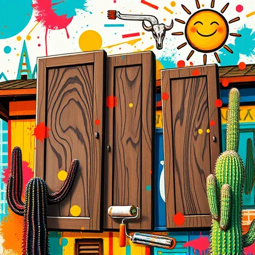 A vibrant, chaotic Neo-Expressionism scene depicting cabinet refinishing in Happy, Texas. Oversized wooden cabinet doors with swirling, expressive brushstrokes showcase craftsmanship and transformation. The lively background features abstract, colorful shapes reminiscent of a bustling Texan town, with retro signage and stylized cactus silhouettes. Playful details include tiny whimsical paint rollers with exaggerated bristles mid-stroke, splattering bright hues of turquoise, burnt orange, and sunny yellow, reflecting Happy’s cheerful spirit. Subtle local motifs, such as a stylized cartoonish longhorn skull and a painted sun with a mischievous grin, add charm. The scene captures an energetic workshop or outdoor market atmosphere where colors and textures collide in artistic chaos, highlighting vibrant optimism and expert cabinet refinishing services. Thick, expressive lines and intense color contrasts lend a raw, emotionally charged feel, perfect for drawing attention to professional furniture renovation.