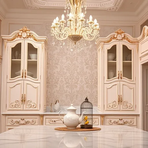 Luxurious Rococo-style kitchen with custom-built cabinets featuring intricate scrolling carvings, floral motifs, and ornate gold accents. Soft pastel colors including blush pink, creamy white, and gold trim enhance elegance. The scene includes a classical marble countertop, illuminated by a grand crystal chandelier on an ornate high ceiling. Decorative scrollwork, shells, and acanthus leaves adorn the cabinet edges and handles, adding whimsy and sophistication. Background features muted gold and lavender damask wallpaper. Quirky details include a floral-engraved curved teapot on the countertop and a vintage birdcage with tiny canaries, infusing playful charm into the lavish setting. Overall, a refined yet cheerful ambiance blending rococo splendor with cozy, inviting warmth and elaborate, romantic ornamentation.