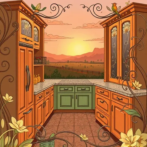 A detailed, art nouveau-inspired illustration showcasing wholesale kitchen cabinets in Hereford, Texas. The scene features vintage-style cabinets with ornate scrollwork, stylized carvings, and flowing, undulating edges, emphasizing craftsmanship and artistry. The warm color palette includes terracotta, sage green, golds, and browns, creating an inviting atmosphere. Decorative plant motifs with curling tendrils frame the scene, accented by tiny hummingbirds perched on cabinet handles and floral patterns resembling Texas wildflowers, adding regional charm. In the background, a stylized Texas plains landscape at sunset depicts rolling hills and a sky in pastel pinks, oranges, and purples, blending into the ornate environment. The overall composition exudes warmth, reliability, and sophistication, highlighting high-quality, artistically crafted kitchen cabinetry with regional pride.