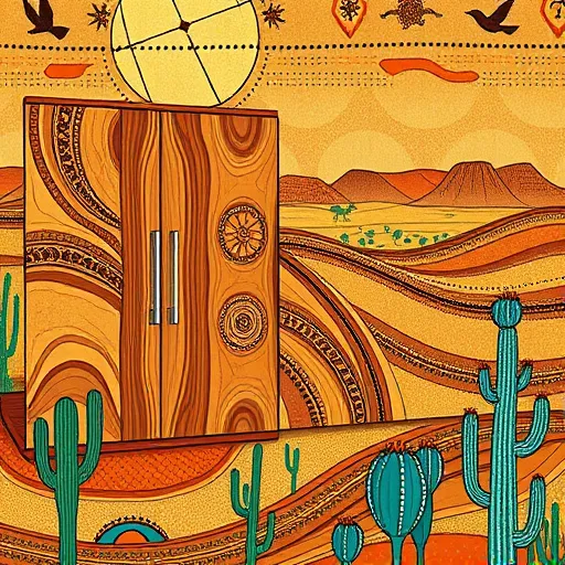 A vibrant, detailed depiction of high-end custom cabinets inspired by Aboriginal art, featuring stylized wood grains, swirling patterns, and geometric shapes that highlight exceptional craftsmanship. The design includes elongated flowing lines representing polished wood surfaces, decorated with dot and cross-hatch motifs reminiscent of traditional Aboriginal techniques. Hidden within the intricate patterns are playful animal symbols such as foxes and birds, adding discovery elements. The background showcases the arid plains of Pampa, Texas, with stylized patterns resembling rolling hills and distant mesas in warm earthy tones like terracotta, sandy beige, and deep ochre, accented with vibrant turquoise. Subtle desert flora motifs, including prickly pears and yuccas, are integrated seamlessly into the design, blending natural elements with artisan craftsmanship. The art style features bold outlines, layered textures, and intricate dot work characteristic of Aboriginal art, emphasizing cultural richness, regional pride, and unique artistic mastery. This scene captures the rugged beauty of the Texas landscape and celebrates the fusion of tradition and contemporary craftsmanship.