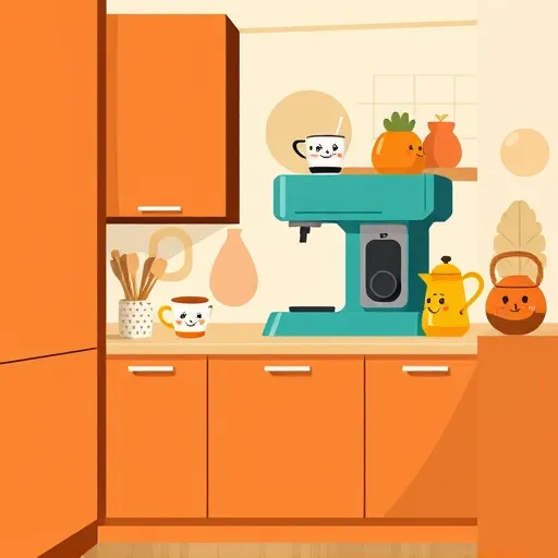 A vibrant illustration of a stylish coffee bar crafted from custom cabinets, depicted in a ColorFieldPainting style. The scene features a sleek, modern coffee station nestled in a cozy kitchen corner, with large blocks of warm earthy tones such as rich browns, soft terracotta, and muted gold, creating an inviting atmosphere. The custom cabinets are rendered with bold, flat color fields, emphasizing clean lines and unique details like playful patterns or subtle textures that highlight bespoke craftsmanship. The countertop is decorated with colorful, whimsically exaggerated coffee brewing tools, including an oversized vintage espresso machine in bright teal, a cheerful yellow kettle, and quirky mugs adorned with fun patterns and smiley faces, adding personality and a lively vibe. Behind the setup, simplified abstract kitchen elements in soft greens, warm beiges, and calming blues provide a harmonious background, ensuring the focus remains on the coffee station. The overall mood is friendly, creative, and approachable, inspiring viewers to explore designing their own coffee space, with a sense of playful sophistication conveyed through bold color blocks and minimal, deliberate details.