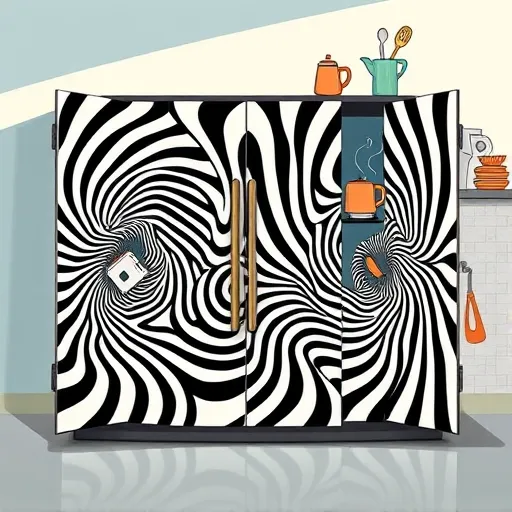 A sleek, modern illustration of an appliance garage cabinet rendered in intricate Op Art style, featuring bold black-and-white swirling geometric motifs that create mesmerizing optical illusions of depth and movement. The minimalist kitchen background is depicted with subtle pastel shades of aqua, soft gray, and cream, complemented by delicate shadows and reflections. Playful details include tiny, whimsical appliances such as a retro toaster with exaggerated lines and a quirky coffee maker with steam curls forming hypnotic spirals blending into the Op Art patterns. Decorative elements like stylized kitchen utensils and patterned tiles enhance the optical illusion theme. Sharp, contrasted lighting highlights the intricate patterns and depth, inviting viewers to explore hidden details. The vibrant, energetic artistic style combines modern sophistication with quirky personality, making this an engaging visual ideal for a blog cover celebrating innovative appliance design and artistic flair.