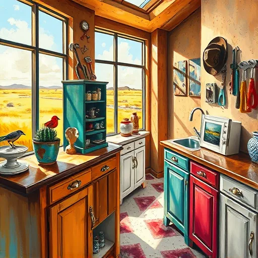A vibrant, expressive depiction of an apartment kitchen cabinet showroom in Dumas, Texas, featuring a variety of uniquely styled cabinets—from ornate vintage designs to sleek modern pieces—arranged against dynamic, textured walls. Sunlight streams through large windows, casting exaggerated shadows and playful reflections on polished surfaces. Quirky details include a tiny cactus in a chipped ceramic pot atop a cabinet, a colorful bird perched on a handle, and abstract tools hanging chaotically. The background hints at rustic Texas elements with a faded cowboy hat and rolling plains depicted through the glass. The scene is infused with energetic, earthy tones of fiery reds, warm ochres, and cool blues, conveying a lively, welcoming atmosphere that celebrates craftsmanship, creativity, and bold artistic expression.