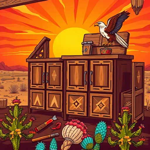 A vibrant, stylized scene illustrating local cabinet repair experts in Bushland, Texas, inspired by Native American art with intricate geometric motifs and flowing shapes. The image features beautifully crafted wooden cabinets decorated with Southwestern designs, set against the Texas Panhandle’s open plains and a shimmering sunset sky with warm oranges, reds, and hints of purple. Decorated tools like hammers, chisels, and wood shavings are arranged in rhythmic patterns reminiscent of Native beadwork, emphasizing craftsmanship and community. In the foreground, stylized native flora such as yucca plants, windflowers, and prickly pear cacti are depicted with abstract, whimsical forms, conveying energy and creativity. Small symbolic elements like a tiny eagle perched atop a cabinet and a stylized windstorm behind add a sense of local pride and natural environment. The rustic workshop setting features wooden beams and a crafted sign with native motifs, highlighting tradition and expertise. The color palette includes earthy browns, turquoise accents, sun-washed oranges, and deep clay reds, creating a warm, inviting atmosphere that celebrates native-inspired artistry and skilled cabinet repair in Bushland, Texas.