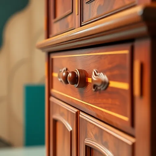 Close-up image of an intricately crafted wooden cabinet featuring rich mahogany wood with polished finish, showcasing detailed joinery, carved edges, ornate drawer handles, and dovetail joints highlighted by subtle shadows. The cabinet is set against an abstract background of color blocks inspired by ColorFieldPainting, including deep emerald greens, warm ambers, and cool blues, blending seamlessly to create a calm, sophisticated atmosphere. Small, whimsical carved motifs such as floral patterns, geometric accents, and abstract swirlings are subtly integrated into the wood surface, adding playful charm. The scene is illuminated by diffuse lighting in a modern workshop or minimalist gallery setting, emphasizing the textures and craftsmanship details. Overall, the image exudes elegance, artistry, and masterful woodworking craftsmanship with hidden decorative details, presented in a vibrant, harmonious ColorFieldPainting style.
